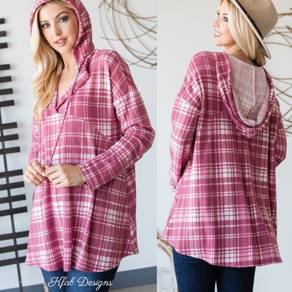 ❤️LAST 1! V Neck Soft Check Print Relaxed Fit Hoodie! - Picture 7 of 8